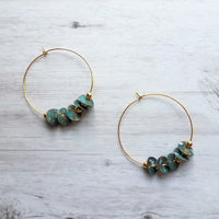 Gold Hoop Earrings, blue green aqua earrings, verdigris patina earrings, eucalyptus leaves, disk earrings, large hoop earring, disks on hoop - Constant Baubling