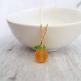 Orange Necklace, small fruit pendant, green leaf charm, orange jewelry, glass orange, translucent orange, Florida fruit, simple gold chain - Constant Baubling