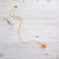 Orange Necklace, small fruit pendant, green leaf charm, orange jewelry, glass orange, translucent orange, Florida fruit, simple gold chain - Constant Baubling