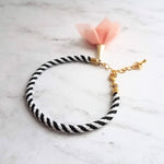 Black White Stripe Bracelet - woven striped cord & gold plated adjustable clasp - grey/peach tassel sheer fabric charm - trendy chic thin - Constant Baubling