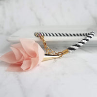Black White Stripe Bracelet - woven striped cord & gold plated adjustable clasp - grey/peach tassel sheer fabric charm - trendy chic thin - Constant Baubling