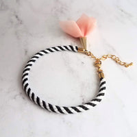 Black White Stripe Bracelet - woven striped cord & gold plated adjustable clasp - grey/peach tassel sheer fabric charm - trendy chic thin - Constant Baubling
