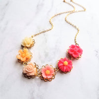 Flower Necklace - colorful ombre floral charms on scalloped gold setting - hot pink fuchsia to cream white - lacy pretty feminine rose daisy - Constant Baubling