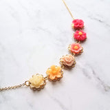 Flower Necklace - colorful ombre floral charms on scalloped gold setting - hot pink fuchsia to cream white - lacy pretty feminine rose daisy - Constant Baubling