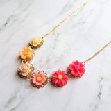 Flower Necklace - colorful ombre floral charms on scalloped gold setting - hot pink fuchsia to cream white - lacy pretty feminine rose daisy - Constant Baubling