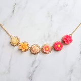 Flower Necklace - colorful ombre floral charms on scalloped gold setting - hot pink fuchsia to cream white - lacy pretty feminine rose daisy - Constant Baubling