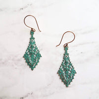 Long Filigree Earrings, blue green earrings, verdigris patina earrings, lacy earring, ornate earrings, 3", copper hooks, teal aqua earrings - Constant Baubling