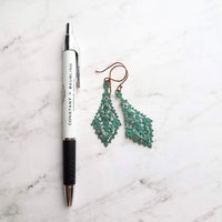 Long Filigree Earrings, blue green earrings, verdigris patina earrings, lacy earring, ornate earrings, 3", copper hooks, teal aqua earrings - Constant Baubling