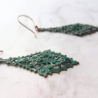 Long Filigree Earrings, blue green earrings, verdigris patina earrings, lacy earring, ornate earrings, 3", copper hooks, teal aqua earrings - Constant Baubling