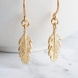 Gold Feather Earring, tiny feather earrings, little feather dangle, small gold feather earring, 14K solid gold or gold fill hooks opt, leaf - Constant Baubling