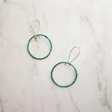 Thin Hoop Earrings, turquoise earrings, blue green circle earring, small circle earring, verdigris patina earring, copper hoop, silver hooks - Constant Baubling