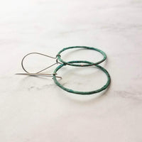 Thin Hoop Earrings, turquoise earrings, blue green circle earring, small circle earring, verdigris patina earring, copper hoop, silver hooks - Constant Baubling