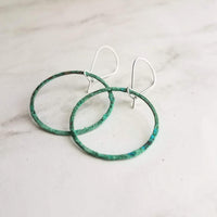 Thin Hoop Earrings, turquoise earrings, blue green circle earring, small circle earring, verdigris patina earring, copper hoop, silver hooks - Constant Baubling