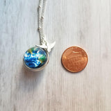 World Globe Necklace - small glass Earth ocean bead/traveling silver bird - delicate bead chain - Not So Far Away Friend/Love/Miss You - Constant Baubling