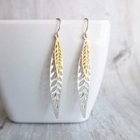 Silver Gold Leaf Earrings, long narrow leaf earrings, silver leaves, filigree leaf earring, silver leaf earring, cut out leaf earring, thin - Constant Baubling