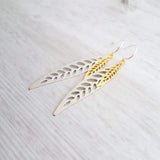 Silver Gold Leaf Earrings, long narrow leaf earrings, silver leaves, filigree leaf earring, silver leaf earring, cut out leaf earring, thin - Constant Baubling