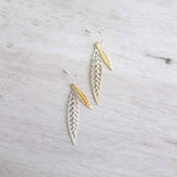 Silver Gold Leaf Earrings, long narrow leaf earrings, silver leaves, filigree leaf earring, silver leaf earring, cut out leaf earring, thin - Constant Baubling