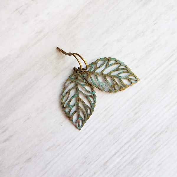 Fall Leaf Earrings, simple leaf earring, delicate filigree leaves, rustic leaf, leaf charm, small verdigris patina leaf, aqua blue green - Constant Baubling