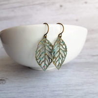 Fall Leaf Earrings, simple leaf earring, delicate filigree leaves, rustic leaf, leaf charm, small verdigris patina leaf, aqua blue green - Constant Baubling