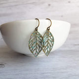 Fall Leaf Earrings, simple leaf earring, delicate filigree leaves, rustic leaf, leaf charm, small verdigris patina leaf, aqua blue green - Constant Baubling