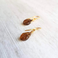 Smoky Brown Glass Leaf Earrings - small gold wire wrapped translucent leaves - 14K gold fill hook option - token gift for wife, girlfriend - Constant Baubling