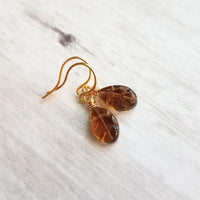 Smoky Brown Glass Leaf Earrings - small gold wire wrapped translucent leaves - 14K gold fill hook option - token gift for wife, girlfriend - Constant Baubling