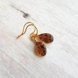 Smoky Brown Glass Leaf Earrings - small gold wire wrapped translucent leaves - 14K gold fill hook option - token gift for wife, girlfriend - Constant Baubling