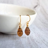 Smoky Brown Glass Leaf Earrings - small gold wire wrapped translucent leaves - 14K gold fill hook option - token gift for wife, girlfriend - Constant Baubling