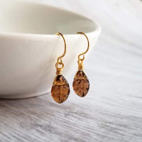 Smoky Brown Glass Leaf Earrings - small gold wire wrapped translucent leaves - 14K gold fill hook option - token gift for wife, girlfriend - Constant Baubling