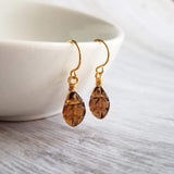 Smoky Brown Glass Leaf Earrings - small gold wire wrapped translucent leaves - 14K gold fill hook option - token gift for wife, girlfriend - Constant Baubling