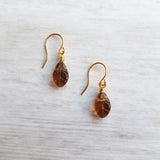 Smoky Brown Glass Leaf Earrings - small gold wire wrapped translucent leaves - 14K gold fill hook option - token gift for wife, girlfriend - Constant Baubling