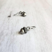 Silver Acorn Earrings, tiny acorn earring, antique silver acorn earring, small acorn earring, acorn dangle, squirrel earring, little charm - Constant Baubling