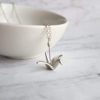Silver Crane Necklace, origami crane necklace, gold crane necklace, maternal love necklace, good will necklace, folded paper crane necklace - Constant Baubling