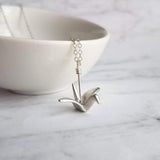 Silver Crane Necklace, origami crane necklace, gold crane necklace, maternal love necklace, good will necklace, folded paper crane necklace - Constant Baubling