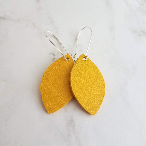 Yellow Earrings - goldenrod/mustard faux vegan leather leaf shape drop on silver kidney wire hooks - plain pointed oval spheroid charm - Constant Baubling