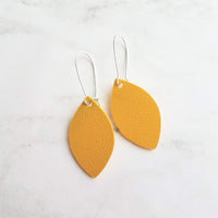 Yellow Earrings - goldenrod/mustard faux vegan leather leaf shape drop on silver kidney wire hooks - plain pointed oval spheroid charm - Constant Baubling