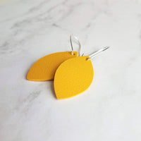 Yellow Earrings - goldenrod/mustard faux vegan leather leaf shape drop on silver kidney wire hooks - plain pointed oval spheroid charm - Constant Baubling