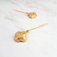 Gold Clover Earring - sweet little stamped 4 leaf/lobe Irish good luck charm on long latching kidney hook - raised design w/ ornate detail - Constant Baubling
