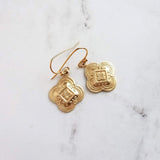 Clover Earring - sweet little gold stamped 4 leaf/lobe Irish charm on small plain ear hook - raised design w/ boho ornate detail - Constant Baubling