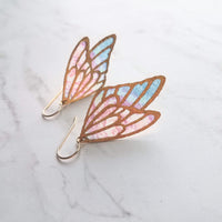 Large Wing Earrings, solid gold hooks, 14K gold fill hooks, sheer fabric earring, rainbow butterfly earring, angel wing, colorful wings - Constant Baubling