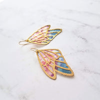 Large Wing Earrings, solid gold hooks, 14K gold fill hooks, sheer fabric earring, rainbow butterfly earring, angel wing, colorful wings - Constant Baubling