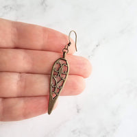 Long Bronze Earrings, antique brass earring, cathedral style earring, bronze filigree earring, cut out earring, inverted teardrop earring - Constant Baubling