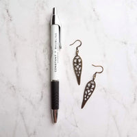 Long Bronze Earrings, antique brass earring, cathedral style earring, bronze filigree earring, cut out earring, inverted teardrop earring - Constant Baubling