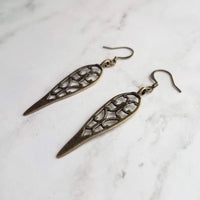Long Bronze Earrings, antique brass earring, cathedral style earring, bronze filigree earring, cut out earring, inverted teardrop earring - Constant Baubling