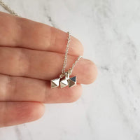 Minimalist Geometric Necklace - silver tiny double pyramid spear charm trio - small octahedron diamond shape charm dangle pendant jewelry - Constant Baubling
