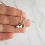 Minimalist Geometric Necklace - silver tiny double pyramid spear charm trio - small octahedron diamond shape charm dangle pendant jewelry - Constant Baubling