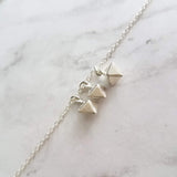 Minimalist Geometric Necklace - silver tiny double pyramid spear charm trio - small octahedron diamond shape charm dangle pendant jewelry - Constant Baubling