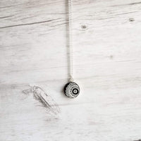 Mandala Necklace, black white necklace, mandala pendant, etched wood, yoga pendant, Hindu necklace, Buddhist, meditation symbol silver chain - Constant Baubling