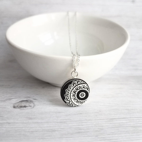 Mandala Necklace, black white necklace, mandala pendant, etched wood, yoga pendant, Hindu necklace, Buddhist, meditation symbol silver chain - Constant Baubling