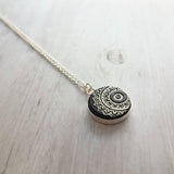 Mandala Necklace, black white necklace, mandala pendant, etched wood, yoga pendant, Hindu necklace, Buddhist, meditation symbol silver chain - Constant Baubling